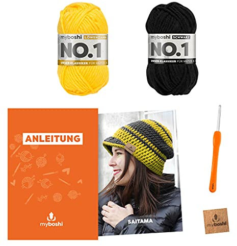 myboshi Häkelset Mütze Saitama, inkl. No.1 Wolle, Nadel und Anleitung, für Mützen und Schals, Häkelpaket, 30% Merinowolle Gelb, Schwarz mit Häkelnadel
