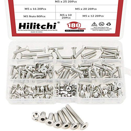 Hilitchi 210-piece metrico m2 testa piatta brugola a testa svasata vite dado assortimento kit – 304 in acciaio INOX (M2)