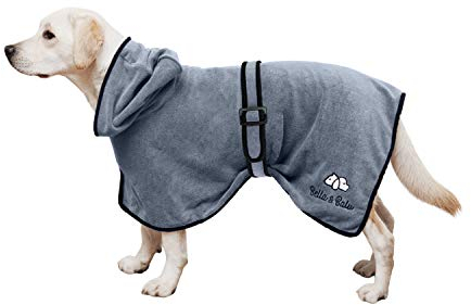 Bella & Balu Hundebademantel aus Mikrofaser + Pfotentuch - Saugfähiger Hunde Bademantel zum Trocknen nach dem Baden, Schwimmen oder Spaziergang im Regen (M - Blau), Puppy Love