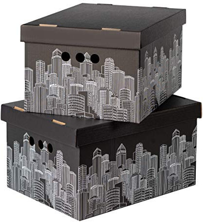 Pack of 2 Decorative Storage Boxes With Lids Home Office Bedroom Wardrobe Box Organiser Archive Box with Lid Multi-Use General Storage Archive Box with Lid Stylish Set XLarge City