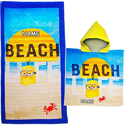 alles-meine.de GmbH 2 TLG. Set Badeponcho + Badetuch/Strandtuch - Minions - ich einfach unverbesserlich - inkl. Name - 100% Baumwolle 70 cm * 140 cm - Poncho/Kapuzenhandtu..