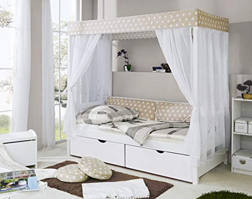 TiCAA Himmelbett Beige 310 Kiefer Weiß (Beige/Weiß Stern)