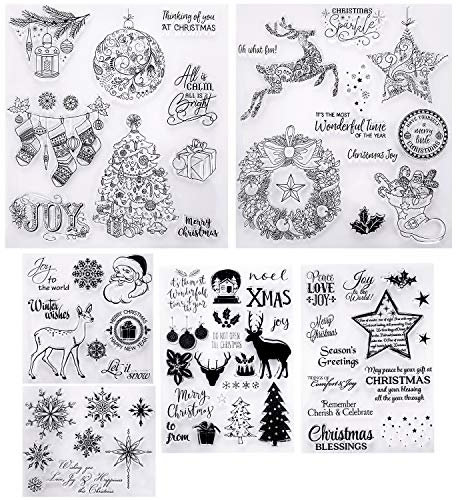 6 Blatt klare Briefmarken mit Weihnachtsmotiven, transparent, aus Silikon, mit Schneeflocken-Motiv, Santa Hirsch, Baum, für Kartenherstellung, Dekoration und Basteln, Scrapbooking