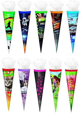 10x Schultüte / Zuckertüte / 35cm / mit Tüllverschluß / 10 verschiedene Motive