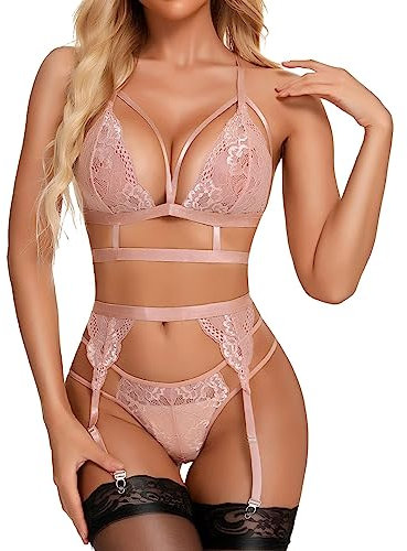 RSLOVE Lingerie Sexy pour Femme Soutien-Gorge et Culotte 3 Pièces en Dentelle avec Porte-Jarretelle Rose S