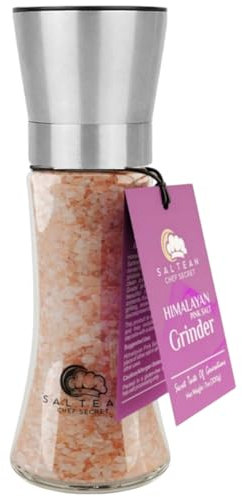 SALTEAN Himalayan Pink Salt Adjustable Grinder Tall |FOOD GRADE- COARSE |BRC-KOSHER-HALAL CERTIFIED| 200G salt With bottle Total Weight 500g Salt Range Pakistan