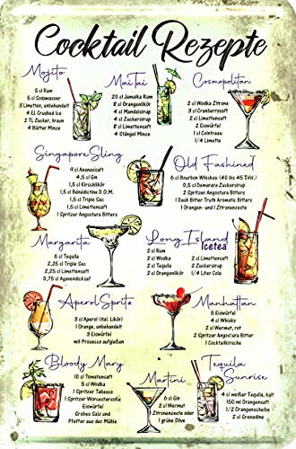 Geschenkeparadies 24 Deko Blechschild 20x30cm Cocktail Rezepte Mojito Mai Thai Aperol Pina Colada Swimming Pool Cola