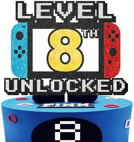 Level 8th Unlocked Cake Topper - Electronic games Theme boy Party Decorations Supplies - black gold red blue Glitter