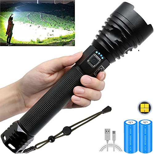 Lampes de poche LED tactiques rechargeables 90000 lumens élevés, lampes de poche LED XHP90.2 super lumineuses avec 26650 batteries, 3 modes zoomables, lampe de poche étanche IPX6