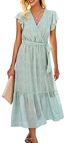 ASOMI Kleid Damen Sommer Boho: Blumen Herbst Wickelkleid Frühling Mode Lang Maxikleid V-Ausschnitt Casual Kurzarm Strandkleid Langarm Rüschen Freizeitkleid mit Gürtel 121 Hellgrün 42