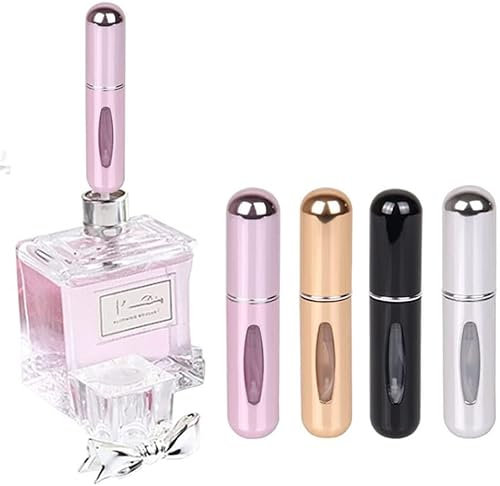 Voarge 4 atomizadores de perfume de 5 ml, portátil, tipo de bomba de metal rellenable, atomizador de perfume rellenable, mini atomizador de bolsillo (negro, plata, rosa, oro))