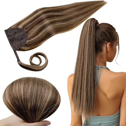 RUNATURE Zopf Extension Echthaar Braun Highlight Blond 30cm Kurz Ponytail Extensions Echthaar Dunkelbraun Mit Dunkelblond Echthte Haare 70g Glatt Extensions Echthaar Pferdeschwanz #3P12