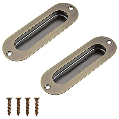 MOROBOR 2Pcs Recessed Cabinet Door Handles, Bronze Color Stainless Steel Elliptical Handle with Screws, Retro Pull Handle for Wardrobe Drawer Flush Sliding Door, 120mm/4.72in