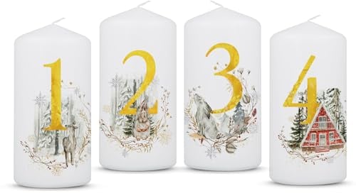GRAVURZEILE Bedruckte kleine Weihnachtskerze - Advent Goldziffern - Kleine Kerzen im 4er Set für den Adventskranz - Dekoration zu Weihnachten - Stumpenkerze 120/58 mm