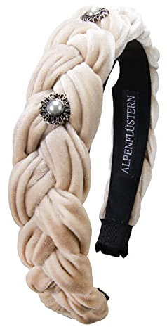 Alpenflüstern Trachten-Haarreif Samt Flechtoptik Helena - Damen Haarschmuck geflochten mit Perlen-Ornament, Haarband rutschfest fürs Dirndl (beige-braun) ADV133
