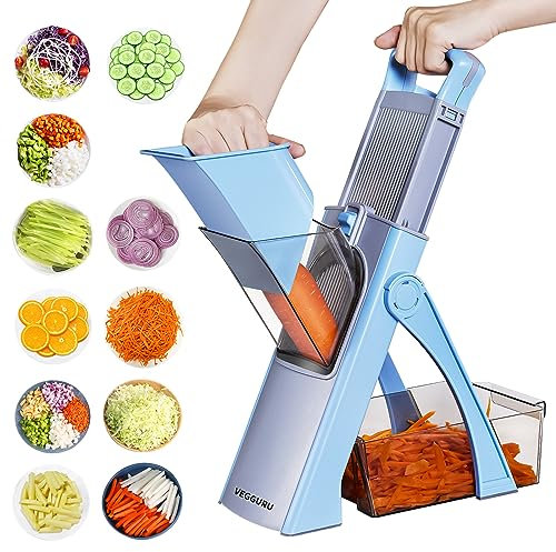VEGGURU Cortafiambres Mandolina, Corta Verduras Ajustable, Corta Cebollas, Corta Patatas, Corta Tomates, Corta Frutas Multifuncional Kithcen