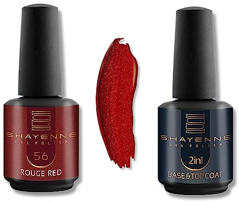 Shayenne 2er Set UV Gel Nagellack 56 Rouge Red Rot 15ml + 2in1 Base Coat und Top Coat 15 ml UV LED Lampe Unterlack mit Überlack Nagel Lack Gellack Nagelgel Shellac (30 ml)