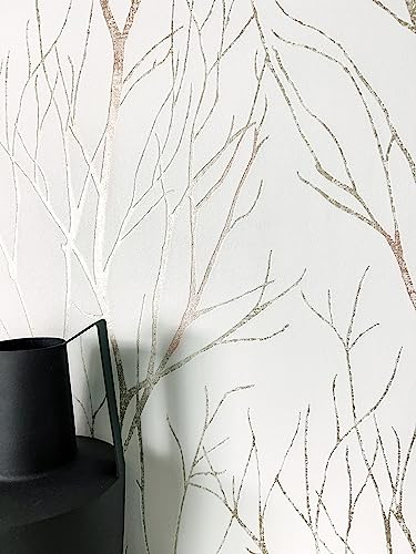 Newroom Papier peint Blanc Branches Intissé - Floral Or Rose Branches Romantique