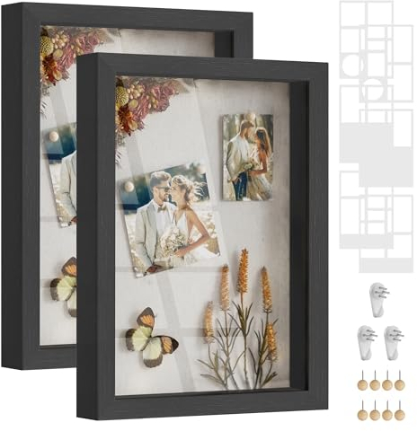 SONGMICS Picture Frames with 6 Mats, Set of 2 Shadow Boxes with 8 Wood Push Pins, Deep Multi Photo Frame, 4x6 or 4x4 Photos, 3 Non-Trace Nails, Ash Black RPF019B02