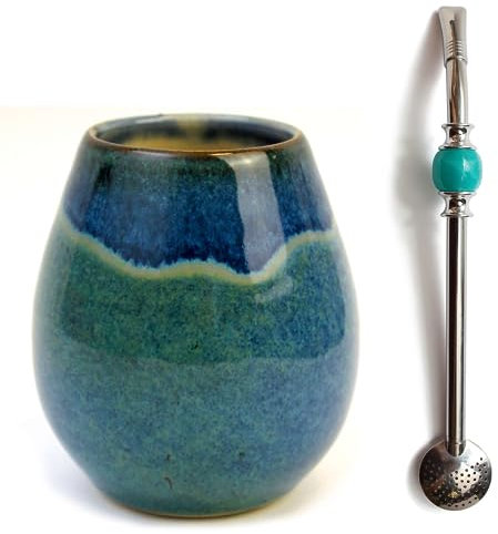 Yerba Juego de té mate | cerámica mate taza de té hecha a mano ~ 300 ml | único matero | apto para lavavajillas | pajita de acero inoxidable bombilla bola negra para té mate de 21 cm | Set para té