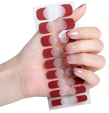 Semi Cured Gel Nail Strips - Red Tips Gel Nail Stickers - 18Pcs Semi Cured Nail Wraps French Manicure Stickers - Long Lasting Gel Nail Stickers UV/LED Lamp Required