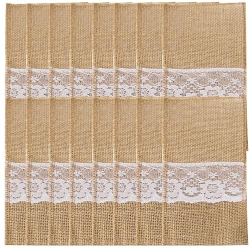 50 Stück Jute Bestecktaschen Besteckbeutel Besteckhalter Sackleinen mit Spitze Messer und Gabeln Besteck Set Hochzeit Vintage Deko Tischdeko für Party Zuhause Hochzeit Geburtstag Weihnachten Ostern
