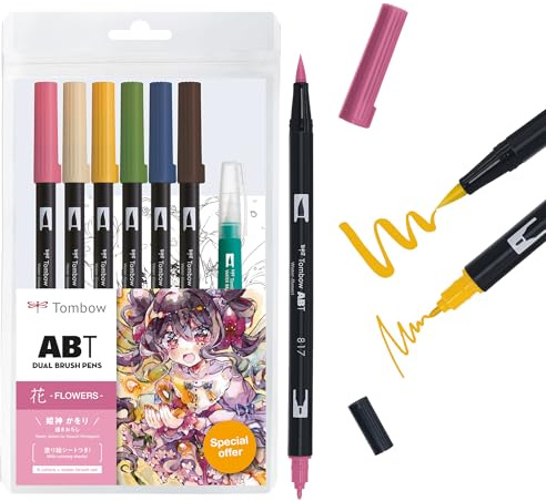 Tombow ABT Dual Brush Pen Watercolor Manga Set Flower, 6er Set + Wassertankpinsel, Malvorlagen & Video Tutorial [ABT-6P-MANGA-FLOWER]