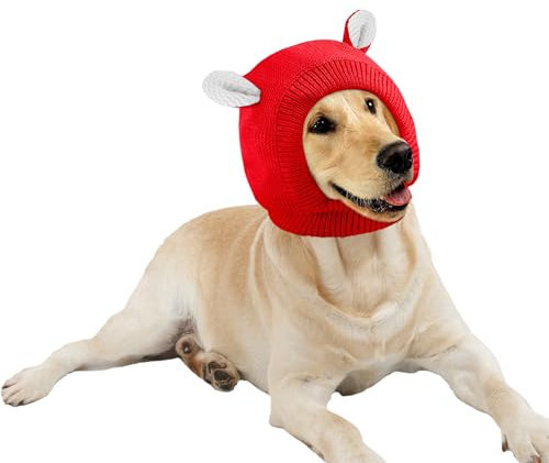 LERTREEUK Haustier-Strickmütze Winter Warme Hundemütze Balaclava Thermokopfbedeckung mit niedlichen Ohren für große Hunde (Rot)