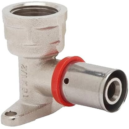 Coude femelle avec support pour tube multicouche de 16 mm, à utiliser avec une presse, gris