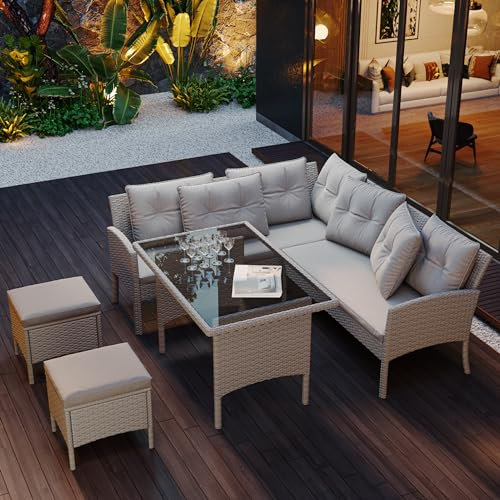 ZYLOYAL10 Poly Rattan Sitzgruppe Esstisch Lounge Gartenmöbel Sitzgarnitur Garten-Garnitur Set, mit Sofa, Tisch, Hocker & Kissen, Abnehmbarer und waschbarer Stoffbezug (Khaki)