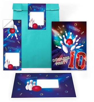 Limonia 12 Einladungskarten zum 10. Kindergeburtstag Bowling Party Trampolin neon Einladung Set Geburtstag Mädchen Kinder Jungs Jungen Boys Geschenktüte inkl. 12 Umschläge, 12 Tüten, 12 Aufkleber