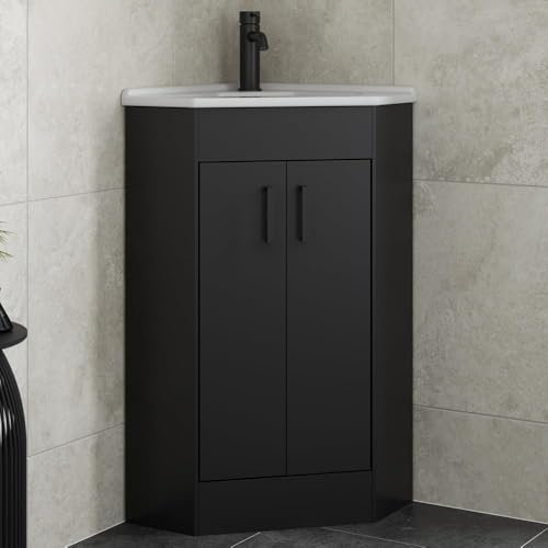 Affine® 585mm Corner Vanity Unit Basin Sink Bathroom Storage Cabinet Cupboard Freestanding, Single Tap Hole Ceramic Wash Basins, Soft Close Doors, Matt Black