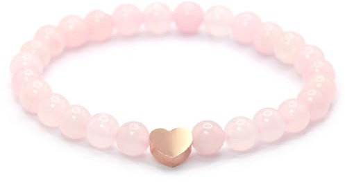 Bracelet en quartz rose véritable pierre précieuse avec perles rondes de 6mm et cœur en acier inoxydable - différentes longueurs - bracelet en pierres précieuses porte-bonheur talisman cadeau