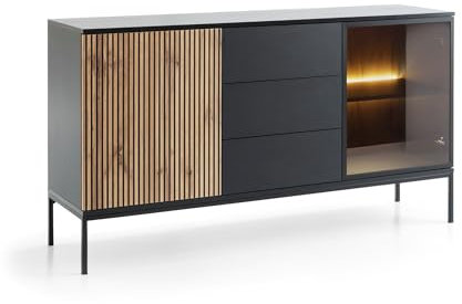 Emporius Haller Kommode mit Lamellen, Schwarz, Wohnzimmer Kommode mit LED - Loft Stil, Sideboard 3-türig mit Schubladen - 154 cm breit