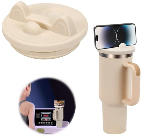 Genleas Tumbler Lids with Phone Shelf for Stanley cups 40 & 64 oz, Silicone Replacement Lids with Cell Phone Holder for Stanley Quencher H2.0 40 oz & 64 oz, Tumbler Cup Accessories for Stanley, Beige