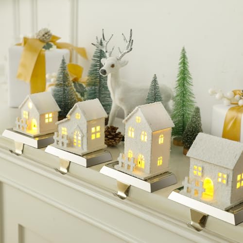 MorningRo Weihnachtsdorfstrumpfhalter für Kaminsims, LED-Weihnachtsdorfhaus, Strumpfhaken, Kamin, Ständer, Aufhänger für Weihnachten, Urlaub, Theke, Fenster, Dekoration, 4 Stück