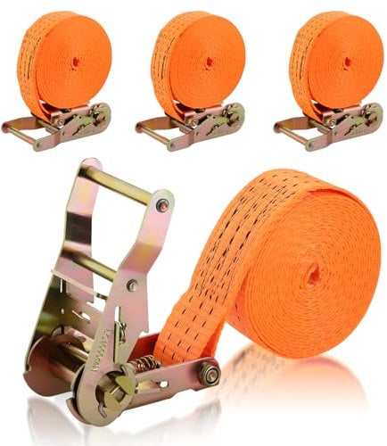 GEARCELL Tie Down Ratchet Straps Heavy Duty, 6M Long, 35mm Wide, Endless Cam Buckle Ratchet Straps 2000kg Load Capacity, Adjustable Tensioning Straps for Motorcycles, Trailer, Kayak, Orange (4-Pack)