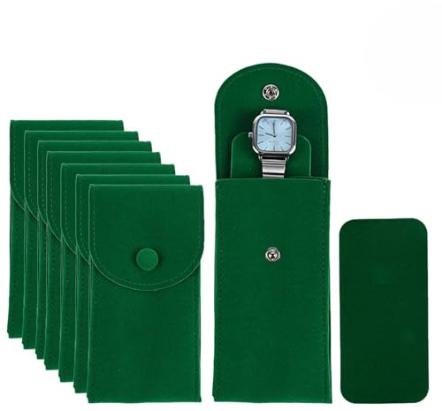 GeryVtee Samt-Uhrentasche, tragbare Uhrentasche, Reiseetui, Uhren-Aufbewahrungstasche, Luxus-Geschenktasche mit Druckknopf für Schmuck, Uhren-Organizer, Grün, 8 Stück