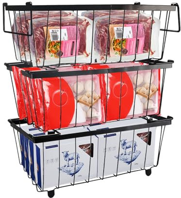 Chest Freezer Baskets,3 Pack Stackable Freezer Organiser Hanging Metal Refrigerator Storage Rack Chest Freezer Add Space Freezer Baskets Freezer Wire Storage Basket with Handle 37.2*18.8*14cm(3 Black)