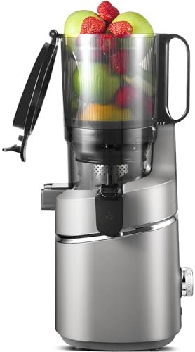 AMZCHEF Spremiagrumi automatico tutto in uno, 250 W, apertura 135 mm e spremiagrumi da 1,8 l, per frutta e verdura, vincitore del test con triplo filtro – grigio