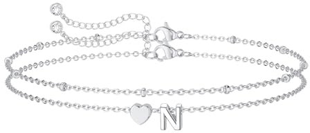 IVELECT Layered Initial Bracelet for Women & Girls, Silver Letter A-Z Heart Pendant, Personalized Monogram Charm Bracelet, Birthday Gifts for Women's & Teen Girls Jewelry (N)