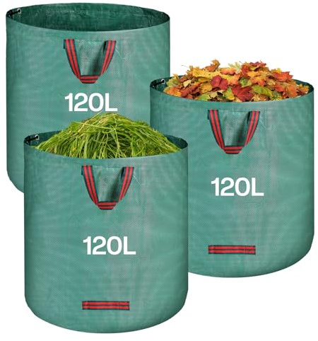 QOEOTUY Sac Jardin Dechets Verts 3x 120L - Sac Dechets Verts avec Poignées, Pliable et Réutilisable - Sacs Vegetaux Jardin pour Ramasse Feuilles Mortes