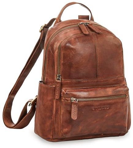 STILORD 'Berry' City Rucksack Damen Leder Klein Damenrucksack Modern Diebstahlsicherer Rucksack-Handtasche Echtleder Reise-Rucksack Daypack Tagesrucksack Laptop 13 Zoll, Farbe:brandy - cognac