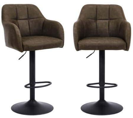 Chummaven Moderne Barhocker 2er Set, Thekenhoher Leder-Barhocker mit Armlehnen Höhenverstellbarer Barstuhl für Kücheninsel Heimkino Esszimmer, Braun