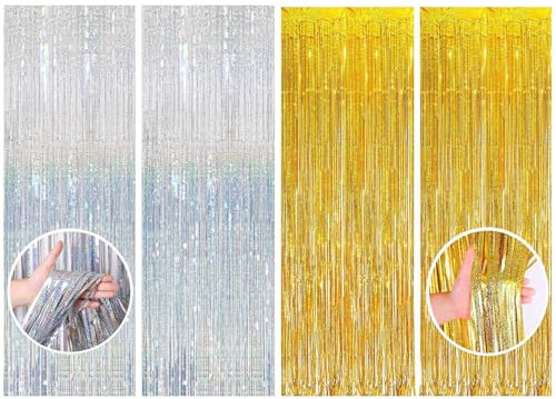 Silber Gold Glitzer Vorhang, 4er Set, Lametta Vorhang Silber 1 m x 2,5 m, Quasten Dekoration, Lametta Vorhang, Geeignet für Geburtstag, Hochzeit, Abschlussfeier, Disco Party Dekoration