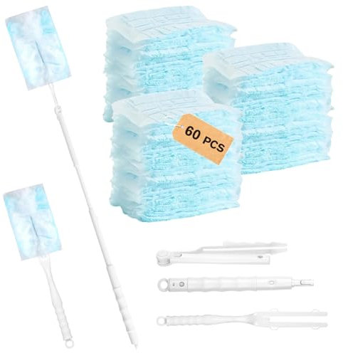 60 Pièces pour Swiffer Plumeau Poussiere avec 1 Manche et 1 Tige Télescopique, Duster Recharge pour Nettoyer Poussière Cheveux
