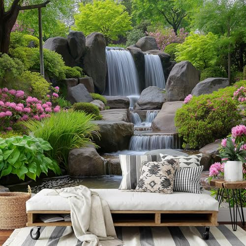 DLERFLOVR Photo Wallpaper Rock Waterfall Wallpaper - 150x105cm Silk Cloth Wall Murals Japanese Garden Photo Mural for Bedroom Living Room Home Decoration Poster Picture