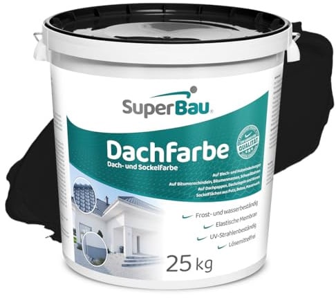 SuperBau Dachfarbe Schwarz 25 kg (≈62,5m²) Wasserdicht Sockelfarbe Fassadenfarbe für Außen Dachbeschichtung für Blechdach Bitumen Dachpappe Schindeln Putz