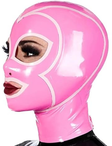 WXLPCGO Rosa Latex Maske Sexy Latex Gummi Maske Fetisch SM Bondage Maske Offene Augen Mund Halloween Cosplay Maskerade Party(Size:S-63CM)