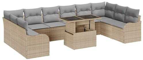 vidaXL Garten-Sofa-Set mit Kissen 11 pcs Beige Poly Rattan, Garten und Terrasse, modernes rechteckiges Sofaset, leicht, UV-beständiges Outdoor-Möbel, Flexible Sitzgelegenheit